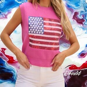 Sequin American flag sleeveless sweater top S M L XL 2XL